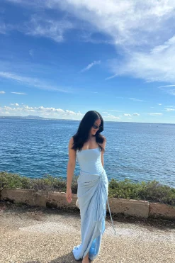 JLUXLABEL Sky Blue Noelia Linen Slit Skirt