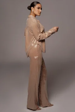 JLUXLABEL Tan Baguette Sequin Button Up