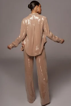 JLUXLABEL Tan Baguette Sequin Button Up