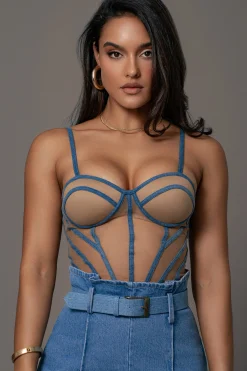 JLUXLABEL Tan Denim Illusion Mesh Bustier