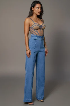 JLUXLABEL Tan Denim Illusion Mesh Bustier