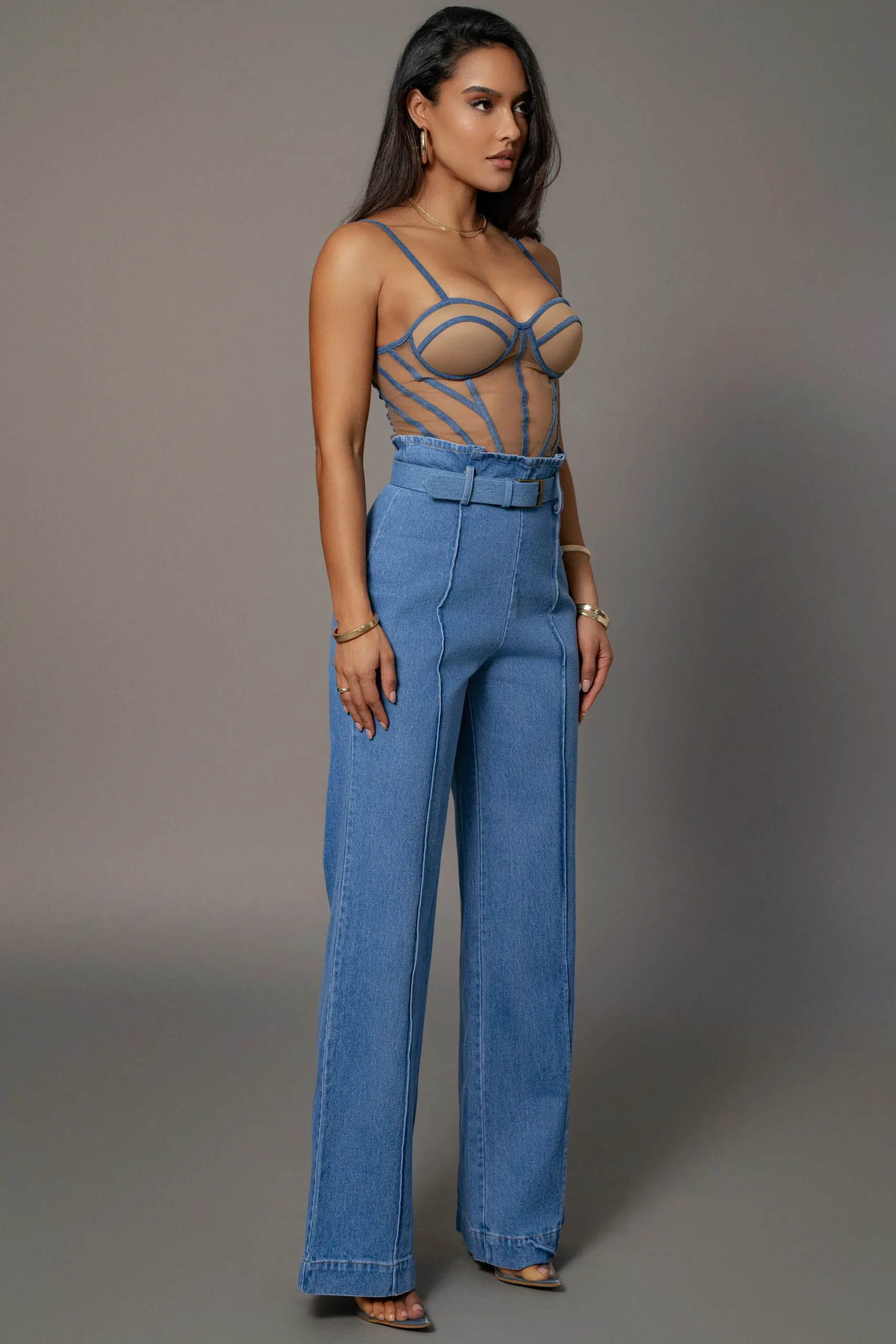 JLUXLABEL Tan Denim Illusion Mesh Bustier
