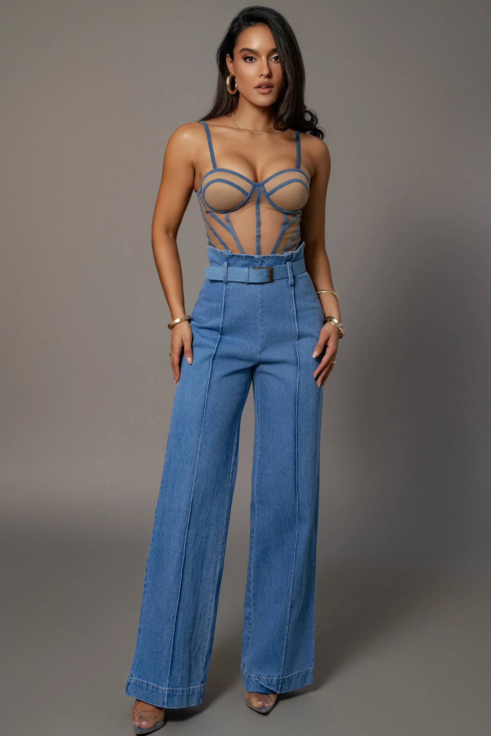 JLUXLABEL Tan Denim Illusion Mesh Bustier