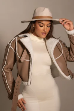 JLUXLABEL Tan Faux Leather Sherpa Jacket