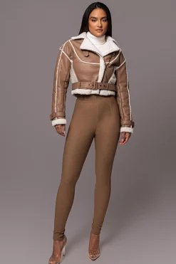 JLUXLABEL Tan Faux Leather Sherpa Jacket