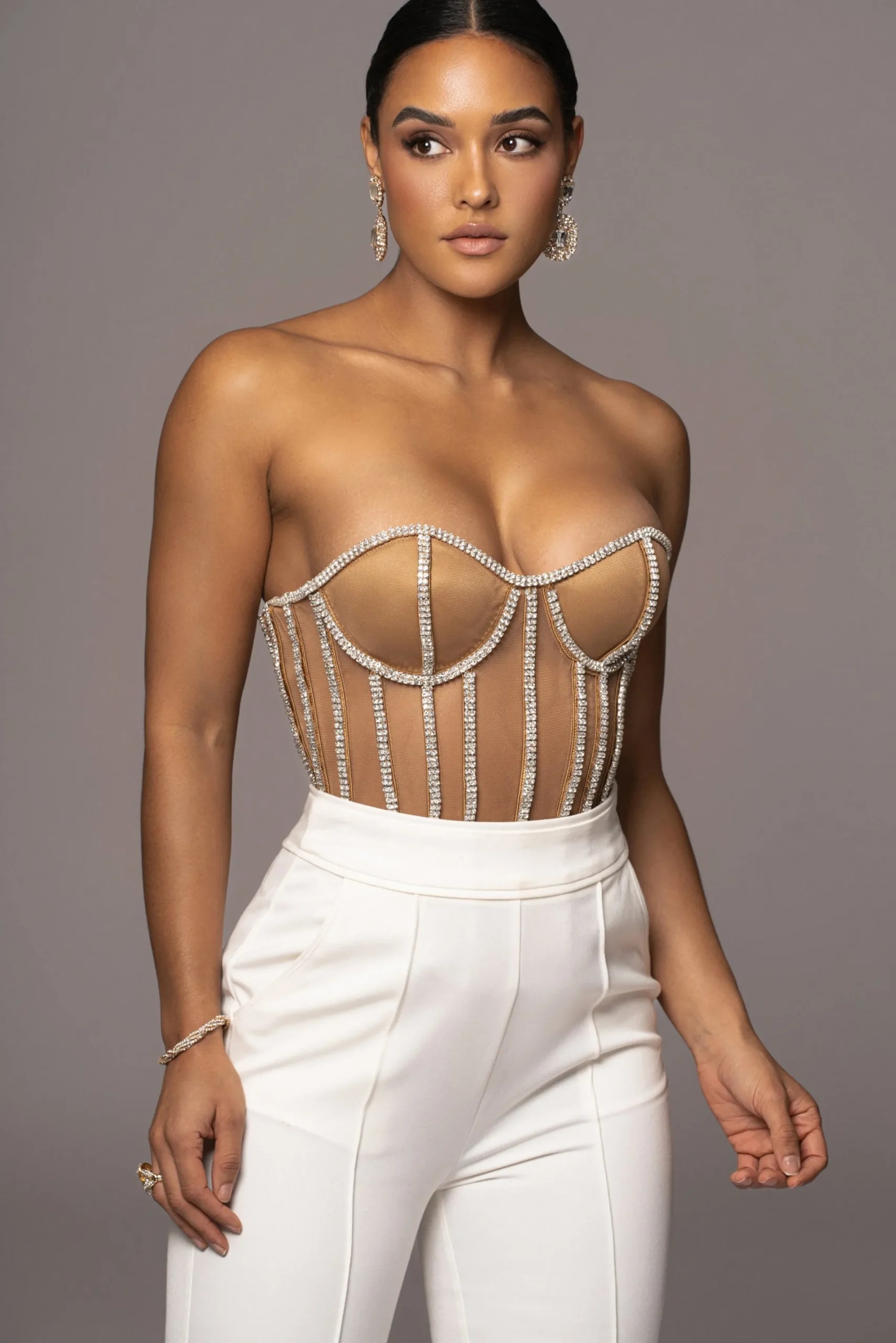 JLUXLABEL Tan Limited Edition Rhinestone Crystal Corset