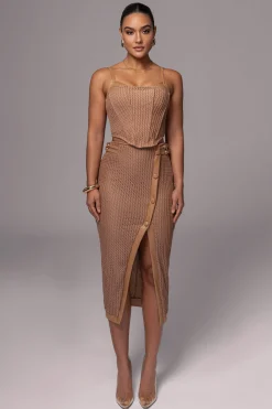 JLUXLABEL Tan Textured Mystique Midi Skirt