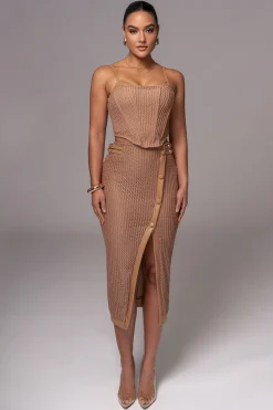JLUXLABEL Tan Textured Mystique Midi Skirt