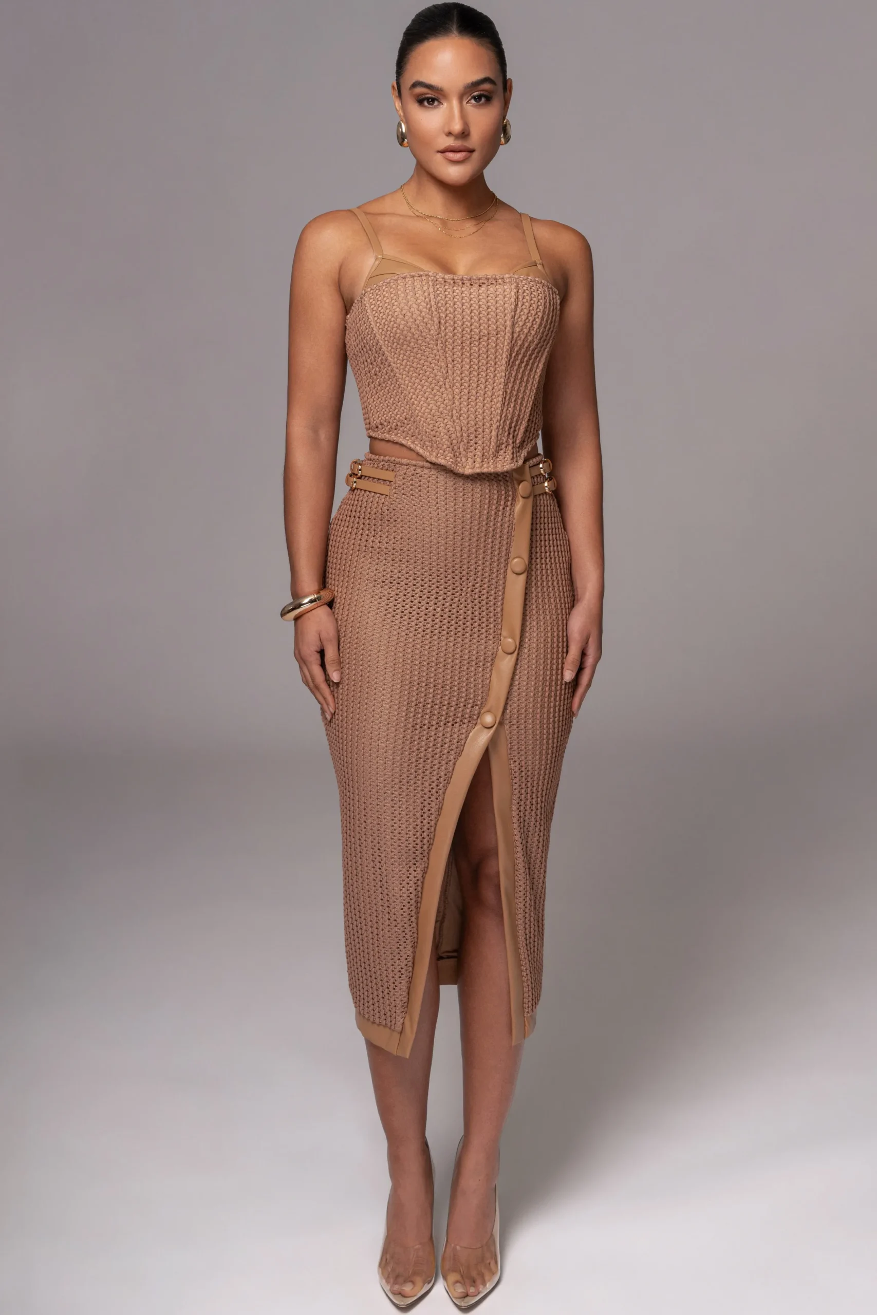 JLUXLABEL Tan Textured Mystique Midi Skirt