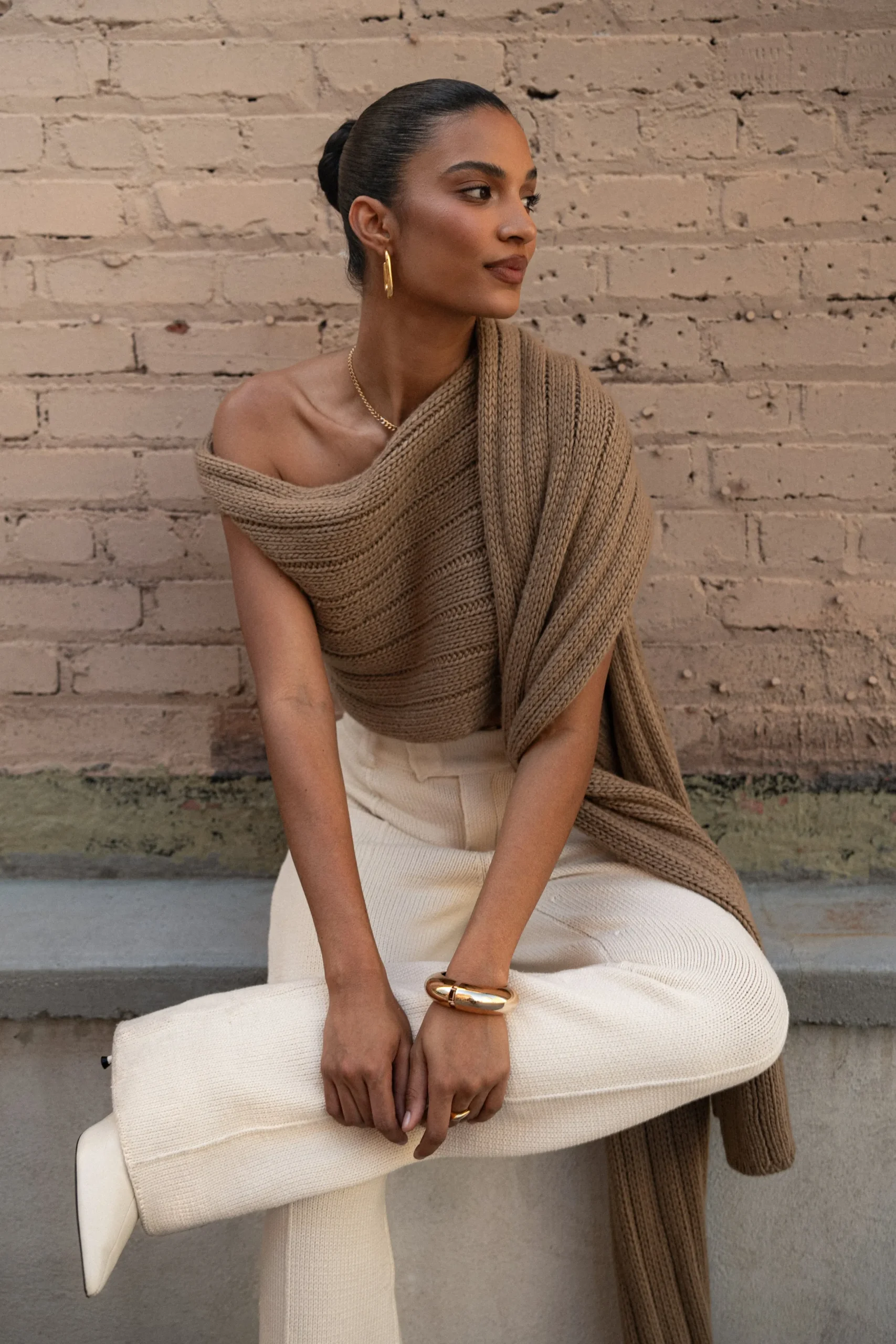 JLUXLABEL Taupe Soft Life Cable Knit Sweater Top