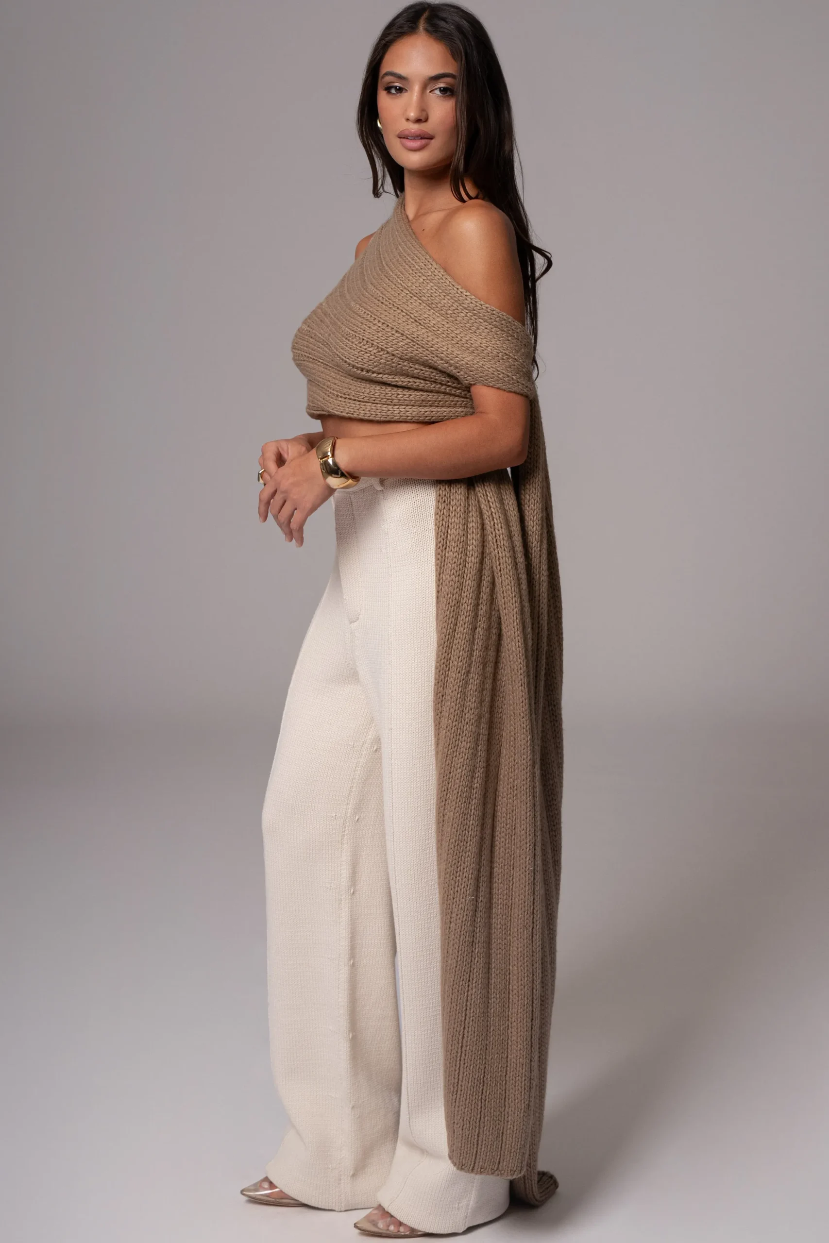 JLUXLABEL Taupe Soft Life Cable Knit Sweater Top