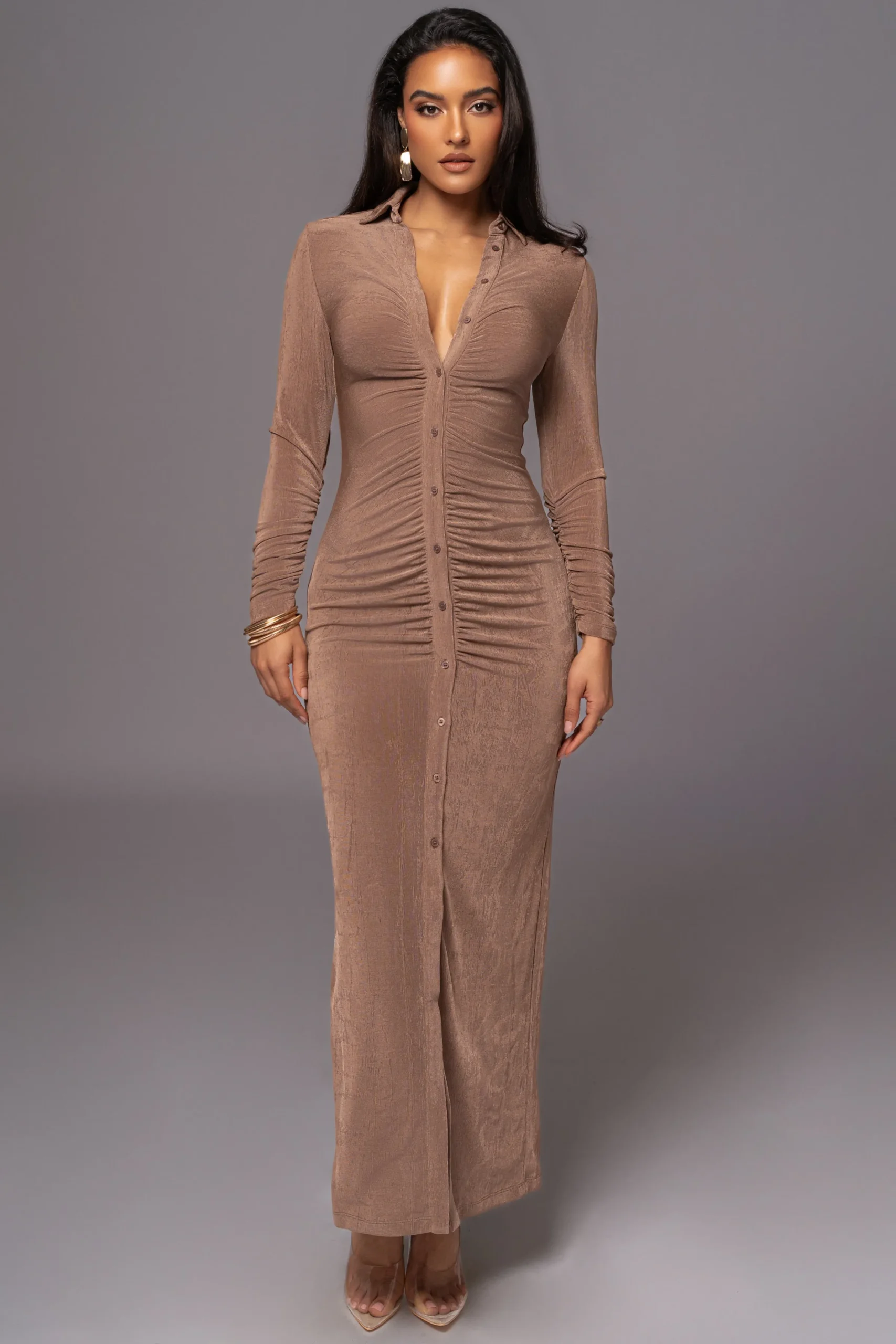 JLUXLABEL Taupe Zahra Button Front Maxi Dress