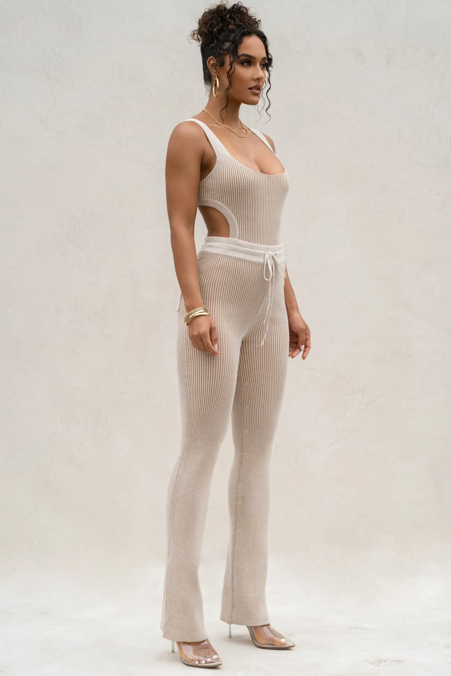 JLUXLABEL Taupe/White Deana Ribbed Bodysuit
