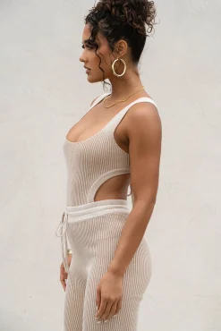 JLUXLABEL Taupe/White Deana Ribbed Bodysuit