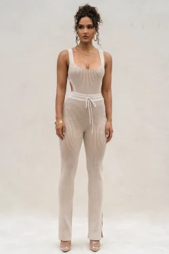JLUXLABEL Taupe/White Faya Ribbed Pants