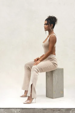 JLUXLABEL Taupe/White Faya Ribbed Pants