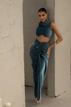 JLUXLABEL Teal Chosen One Velvet Skirt Set