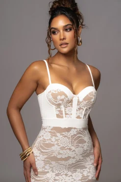JLUXLABEL White Mesh and Lace Bustier Midi Dress