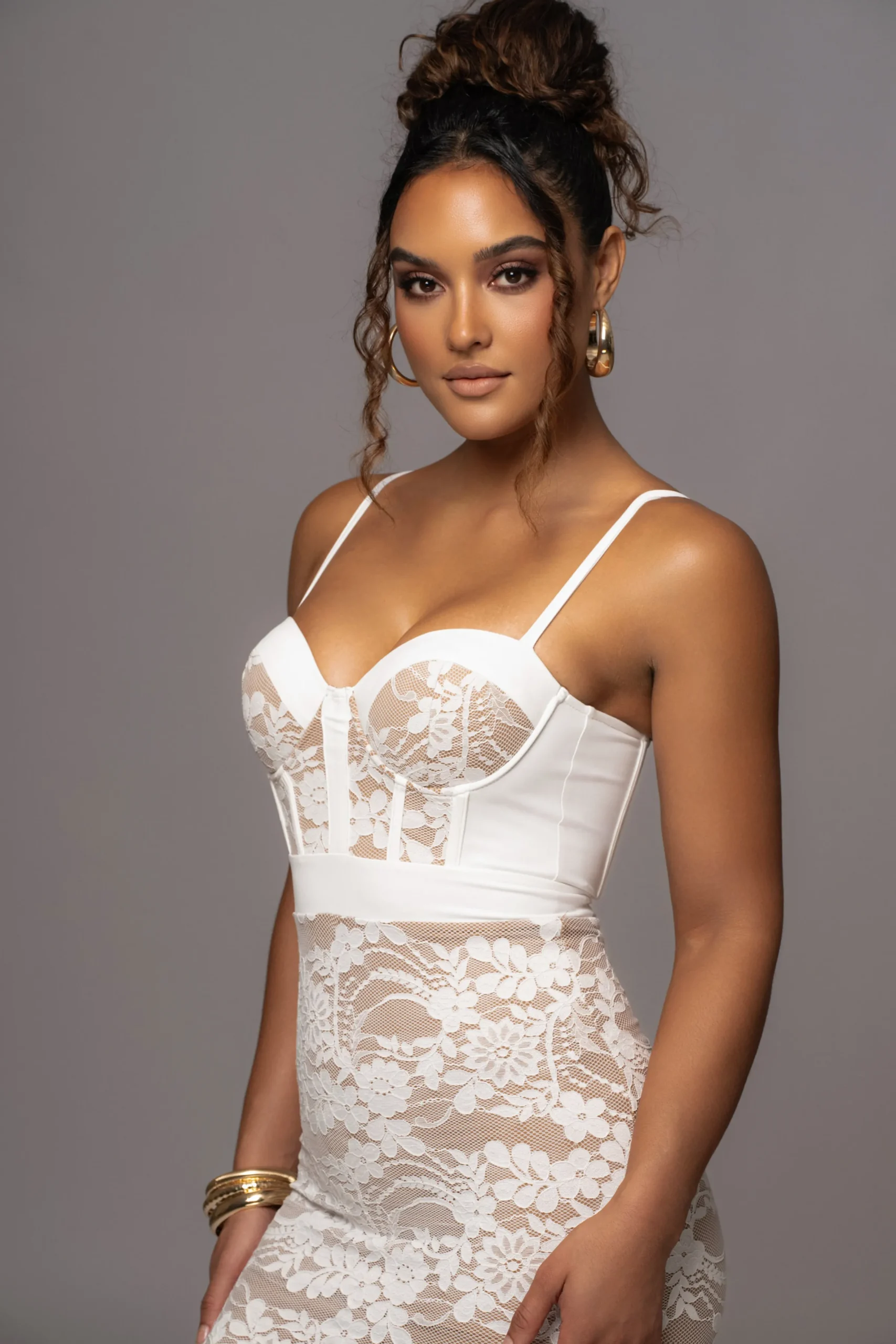 JLUXLABEL White Mesh and Lace Bustier Midi Dress