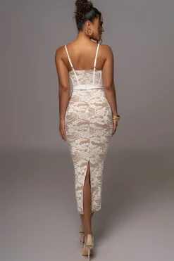 JLUXLABEL White Mesh and Lace Bustier Midi Dress