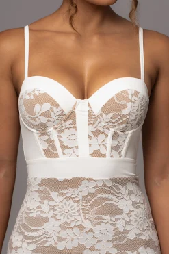 JLUXLABEL White Mesh and Lace Bustier Midi Dress