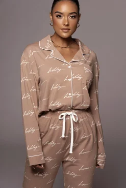 JLUXLABEL White/Tan Home For The Holiday Adult Pajama Set